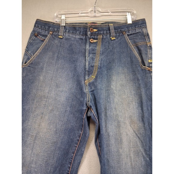 Gino Green Global Men Dark Wash Patched Embroidered Denim Jean Y2K Jeans Size 36 - Picture 2 of 13